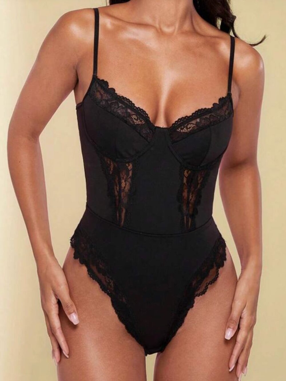SHEIN BAE Eyelash Lace Panel Bustier Cami Bodysuit Black